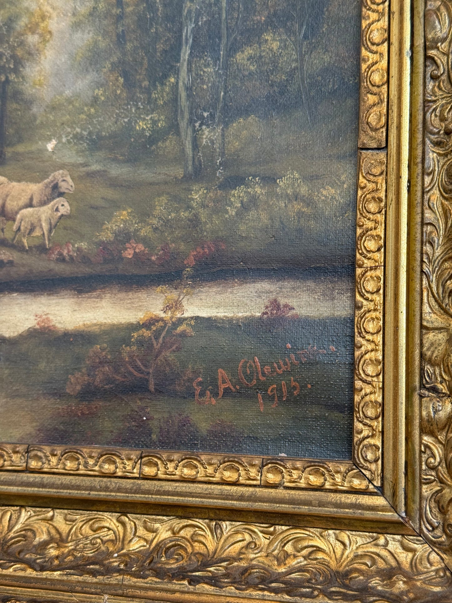 1915 American Pastoral Sheep Landscape Oil Painting by E. A. Olewine