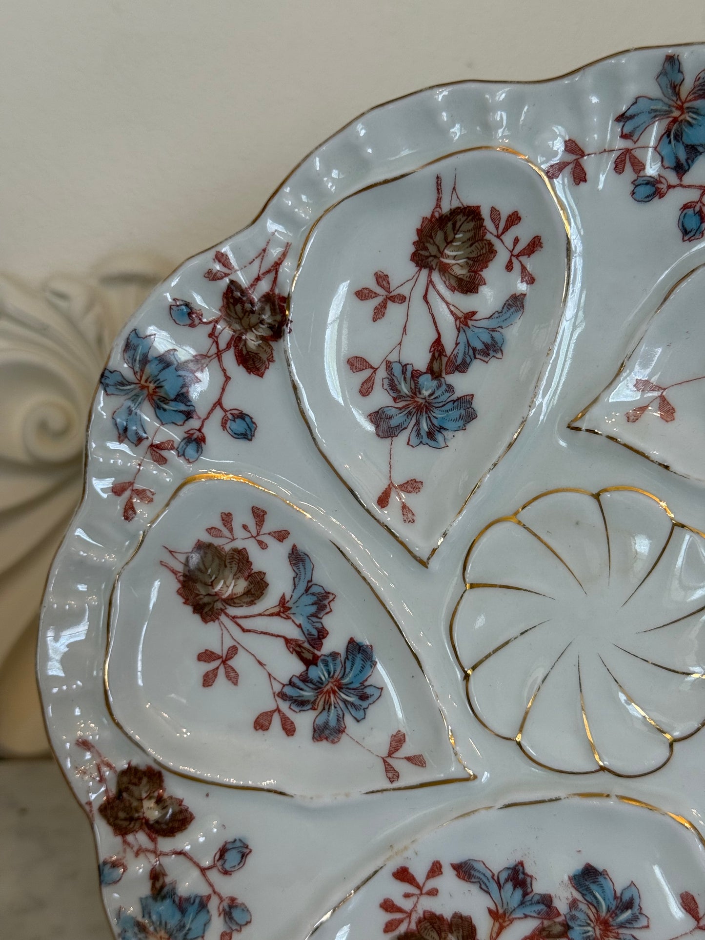 Antique Floral Oyster Plate with Central Sauce Well