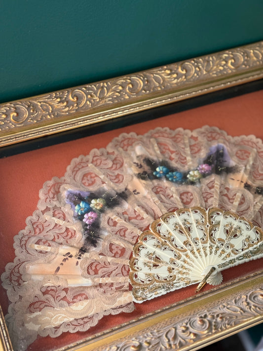 Mid-20th Century Framed Lace & Hand-Painted Fan | Ornate Gilt Shadowbox Display