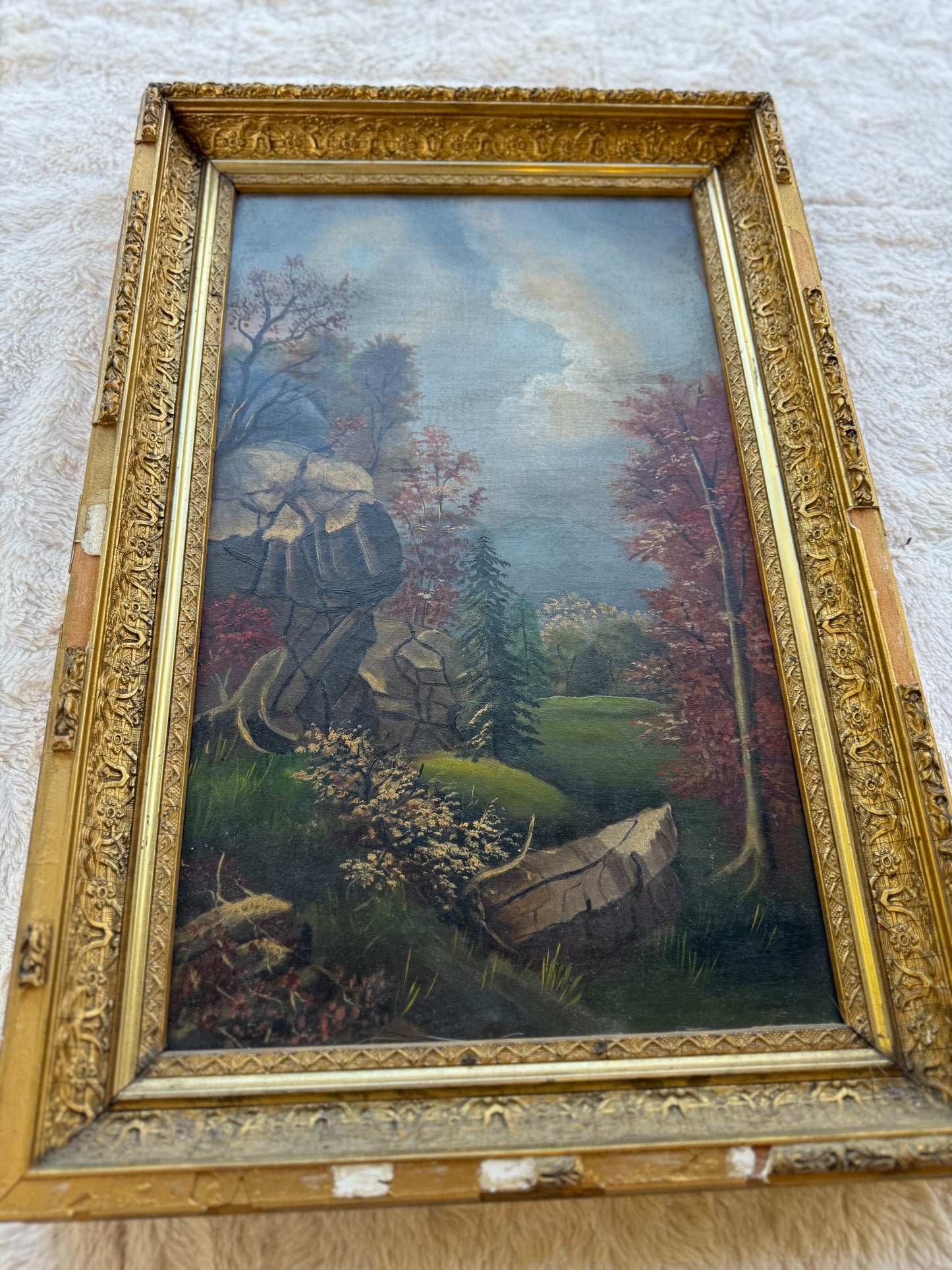Antique American Autumn Landscape Oil Painting, c.1880–1900, Original Gilt Frame (J.L. Phelps, Rochester NY)
