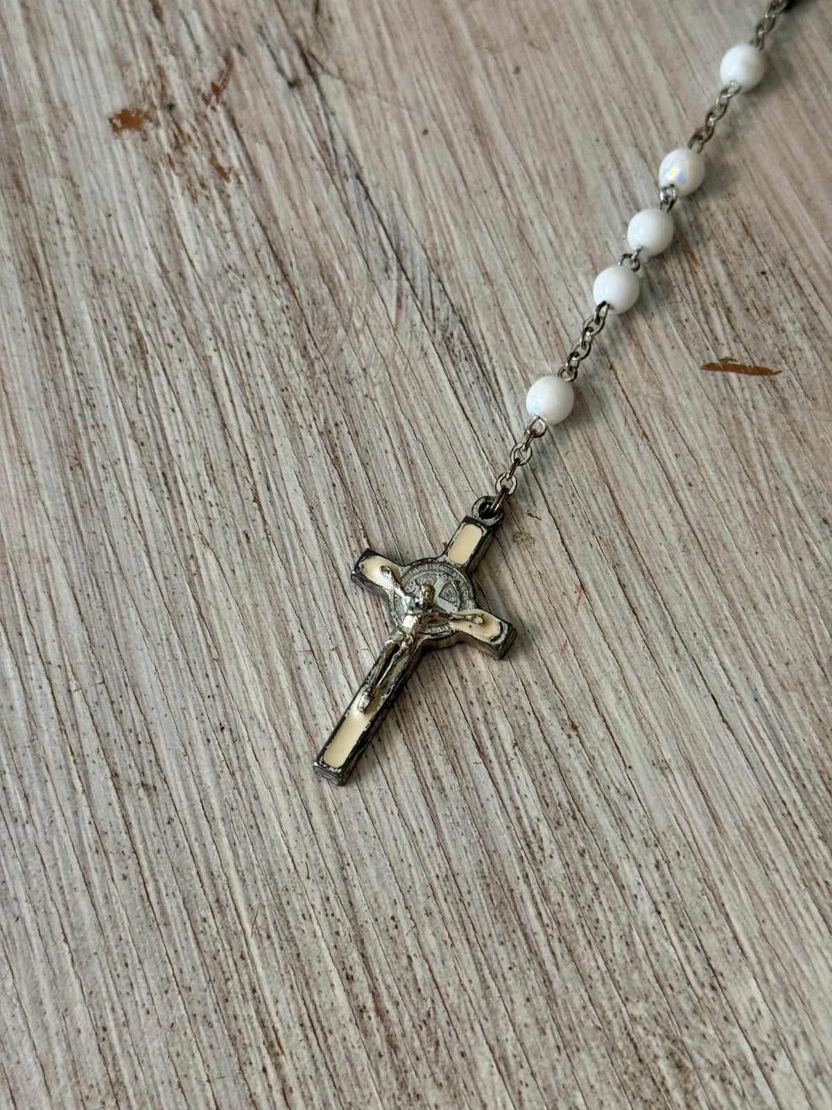 Vintage White Opalescent Beaded St. Benedict Catholic Rosary