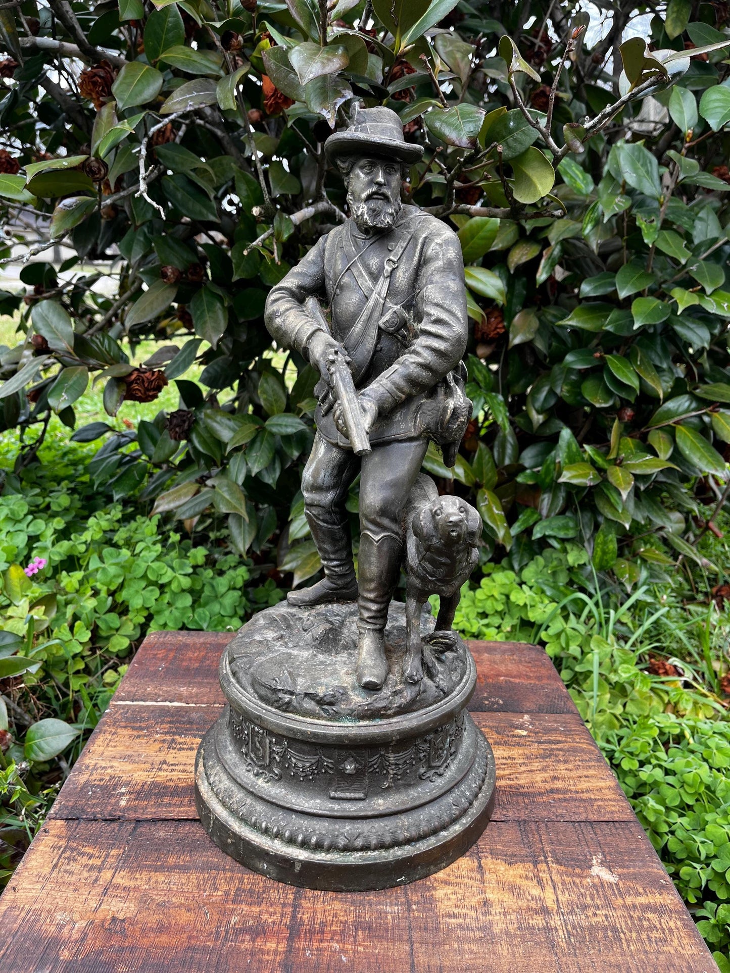 Large Antique Spelter Hunter Lamp Base – 19th C. Rustic Lodge Decor, Dog Figurine, Verdigris Patina, Bronze Finish