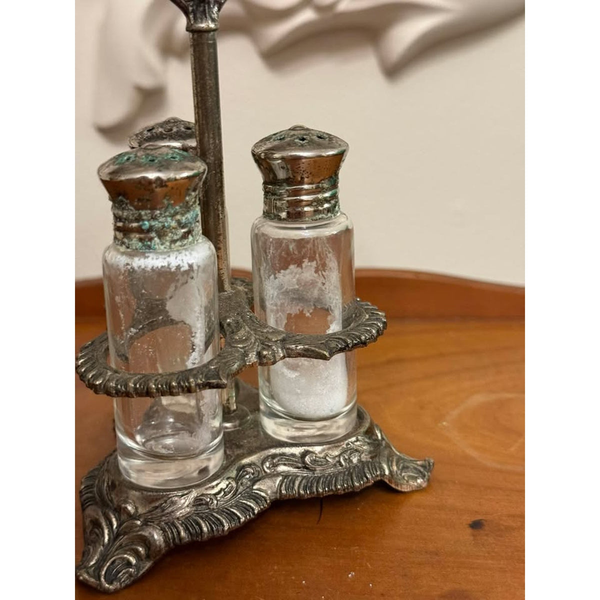 Vintage Silverplate 3 Bottle Salt Pepper Condiment Caddy Glass Shaker Set