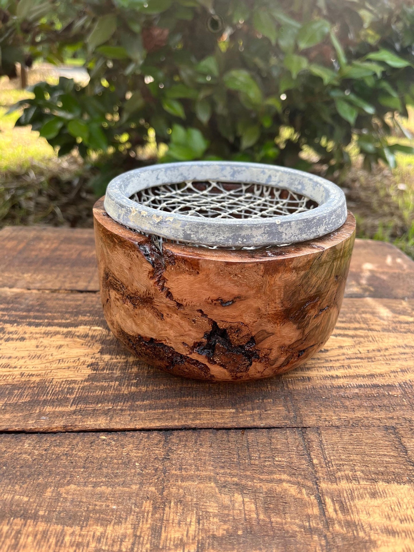 Mid-Century Vase with Burl Wood Base and Wire Frog | Rustic Floral Holder