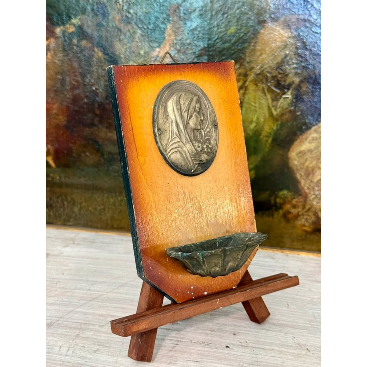 Vintage Virgin Mary Holy Water Font with Wooden Wall Plaque and Metal Basin