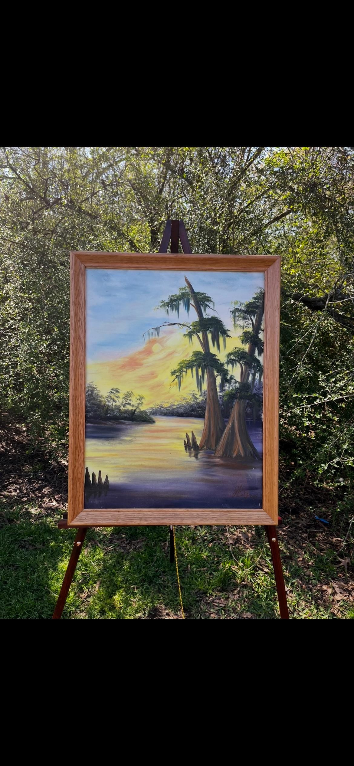 Bayou Landscape Oil Painting by J. Bryant – Southern Cypress Swamp Sunset – Framed Vintage Art