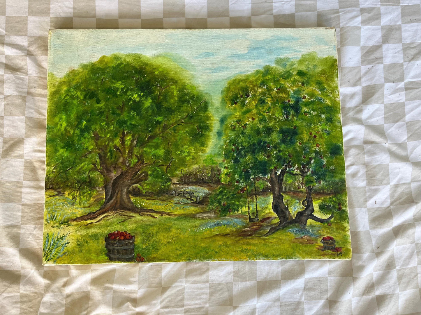 Mid-Century Folk Art Landscape | Oil on Canvas Pastoral Scene with Fruit Trees | 16x20 Vintage Farm Art