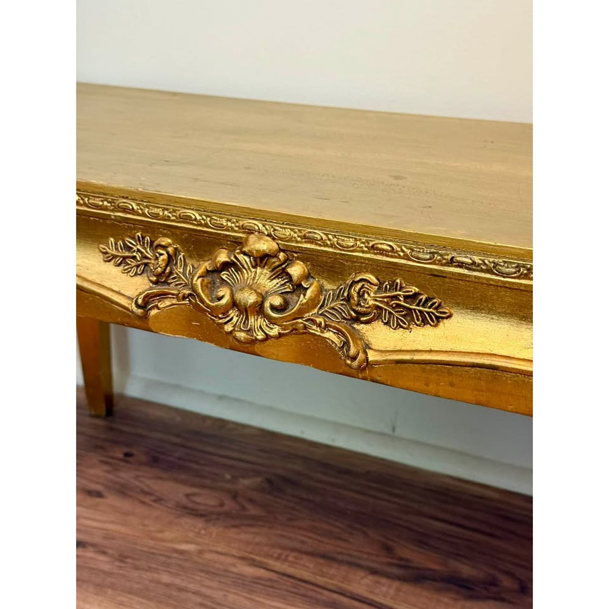 Vintage Hollywood Regency Gold Wood Bench Low Table Rococo Style Riser