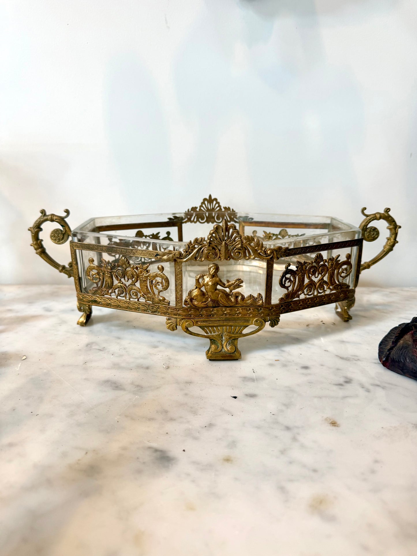 Antique French Gilt Brass Centerpiece with Glass Insert and Mermaid Mounts, Circa 1880-1900