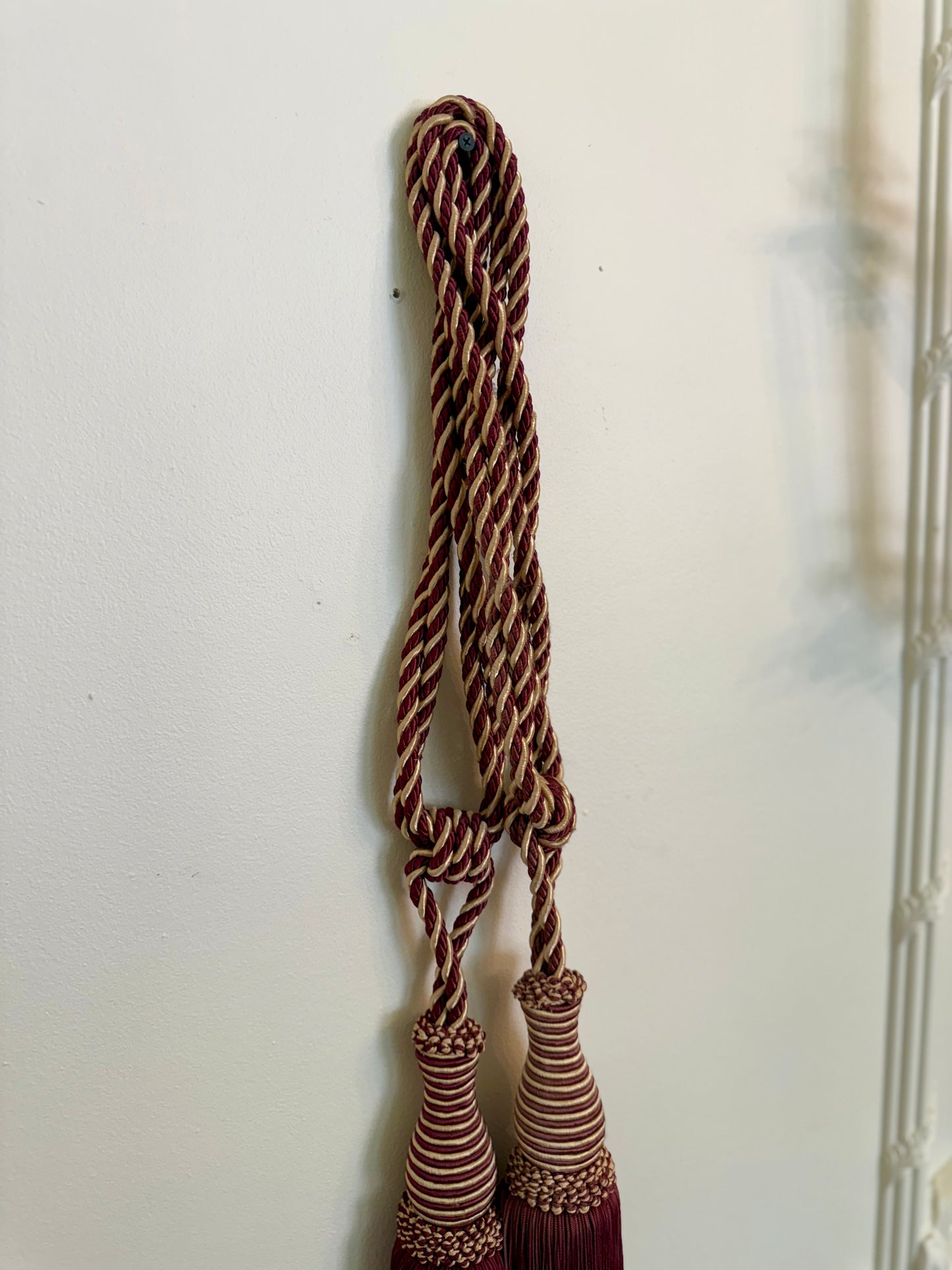 Large Vintage Double Curtain Tassels Pair | 28 Inch Burgundy & Gold Drapery Tassels