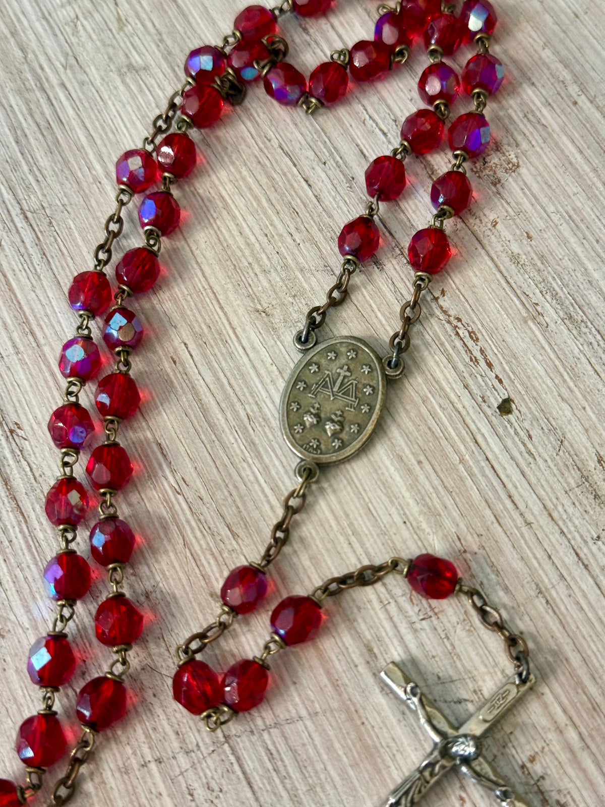 Vintage Iridescent Ruby Red Glass Catholic Rosary with Miraculous Medal