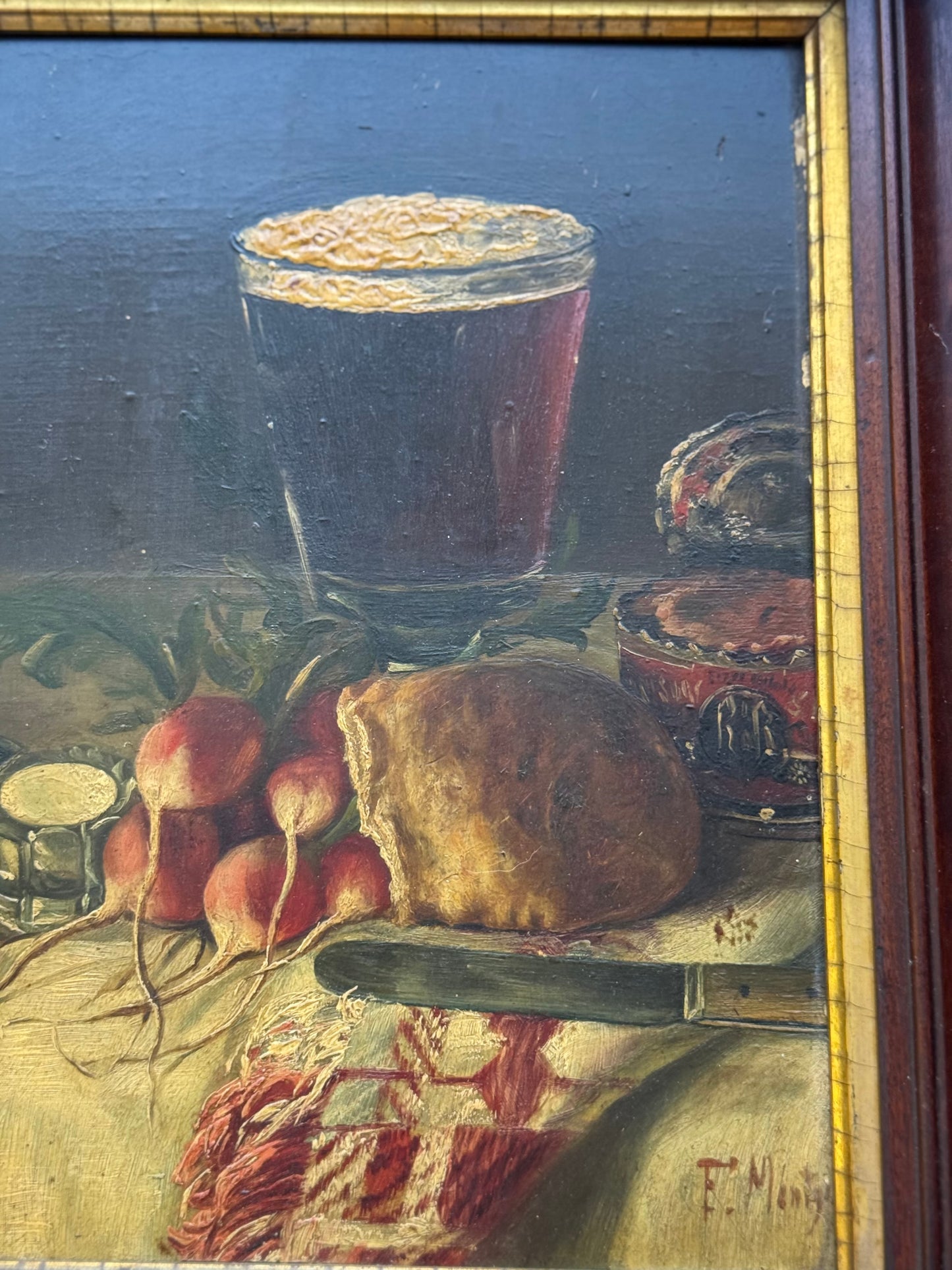 Antique Still Life Oil on Board | Signed F. Monty | Tavern Table Scene | Original 19th c. Walnut Frame