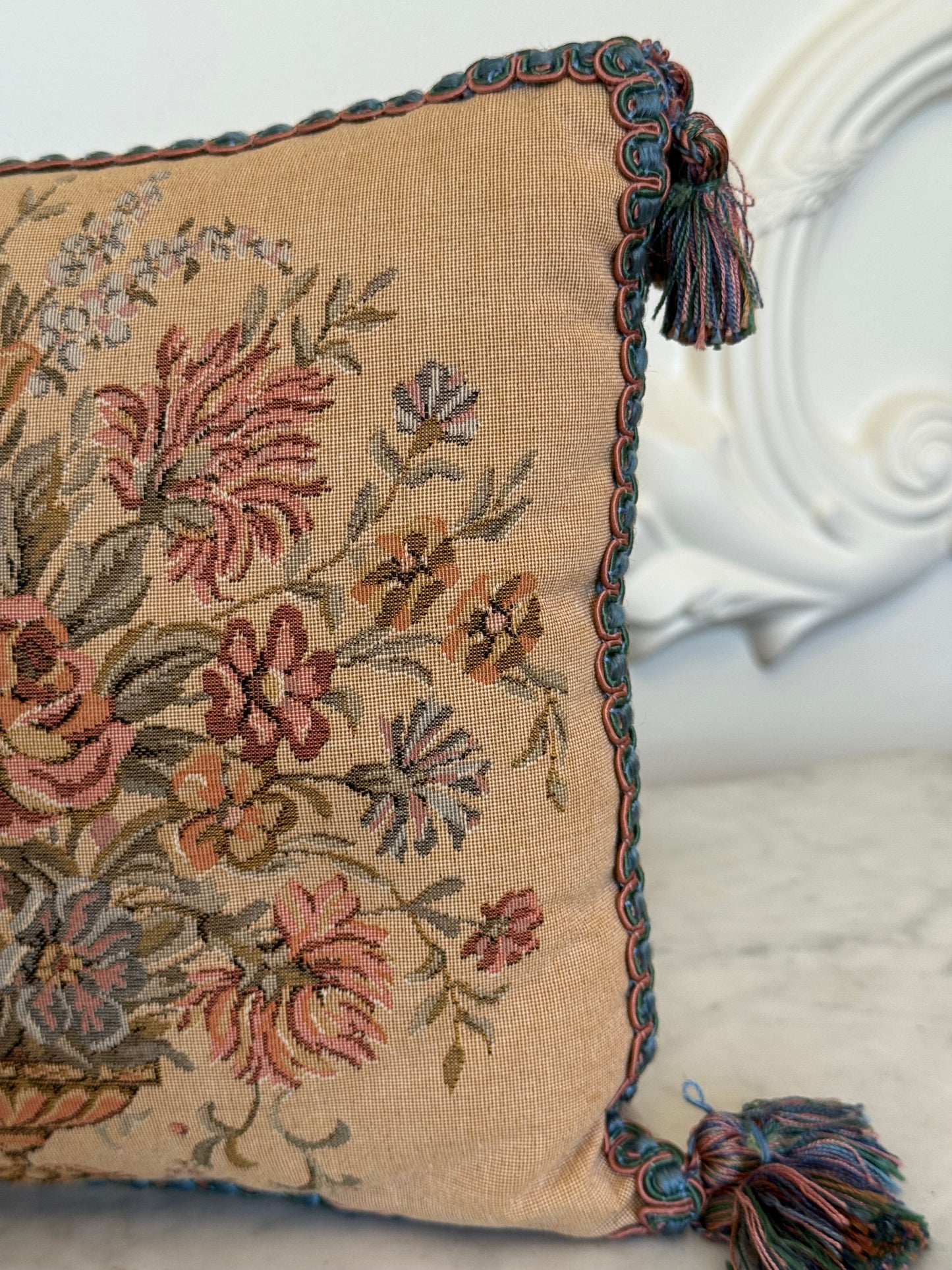 Vintage Floral Tapestry Accent Pillow with Tassels