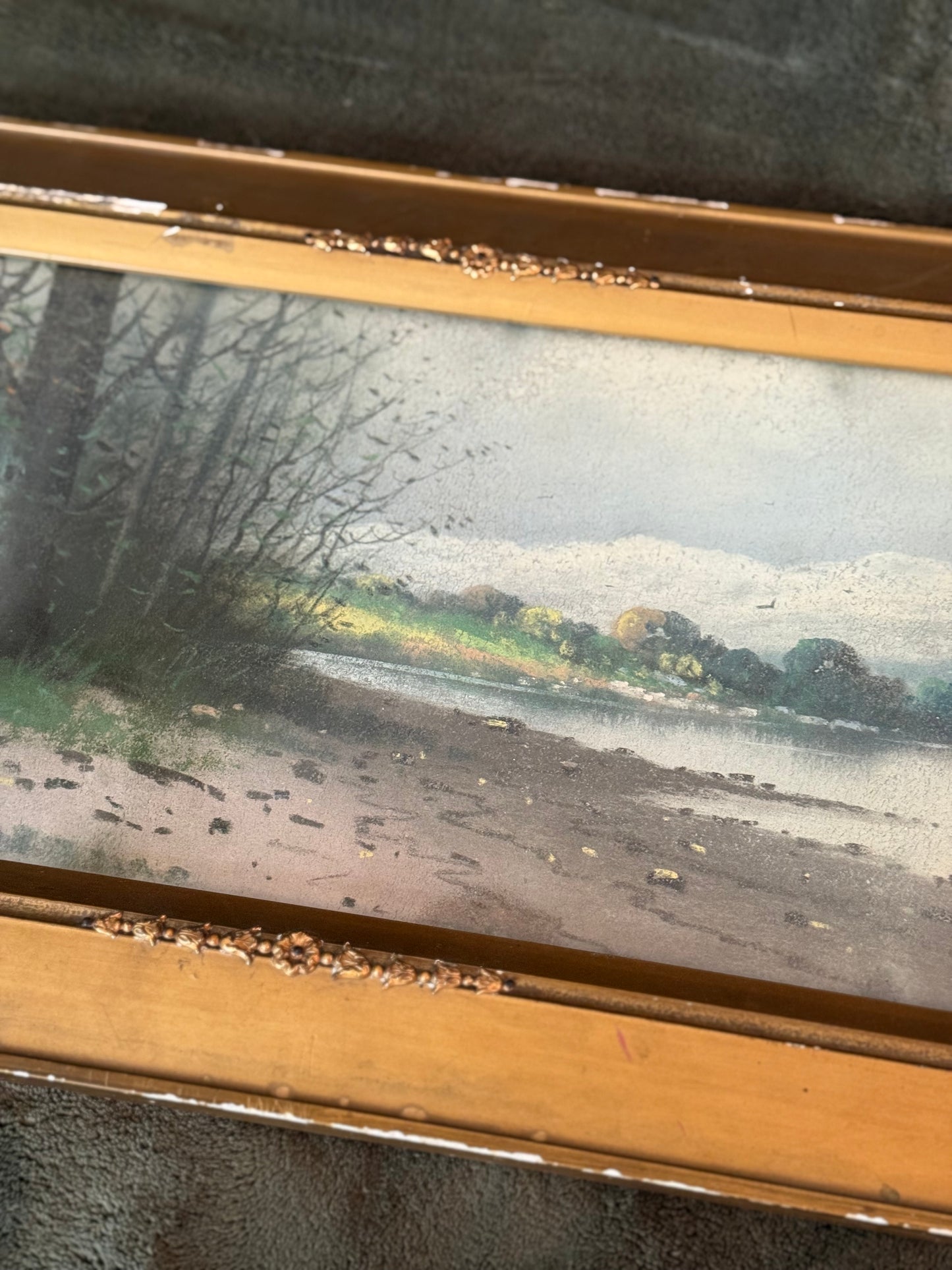 Antique Pastel Landscape with River and Trees in Original Gilt Frame