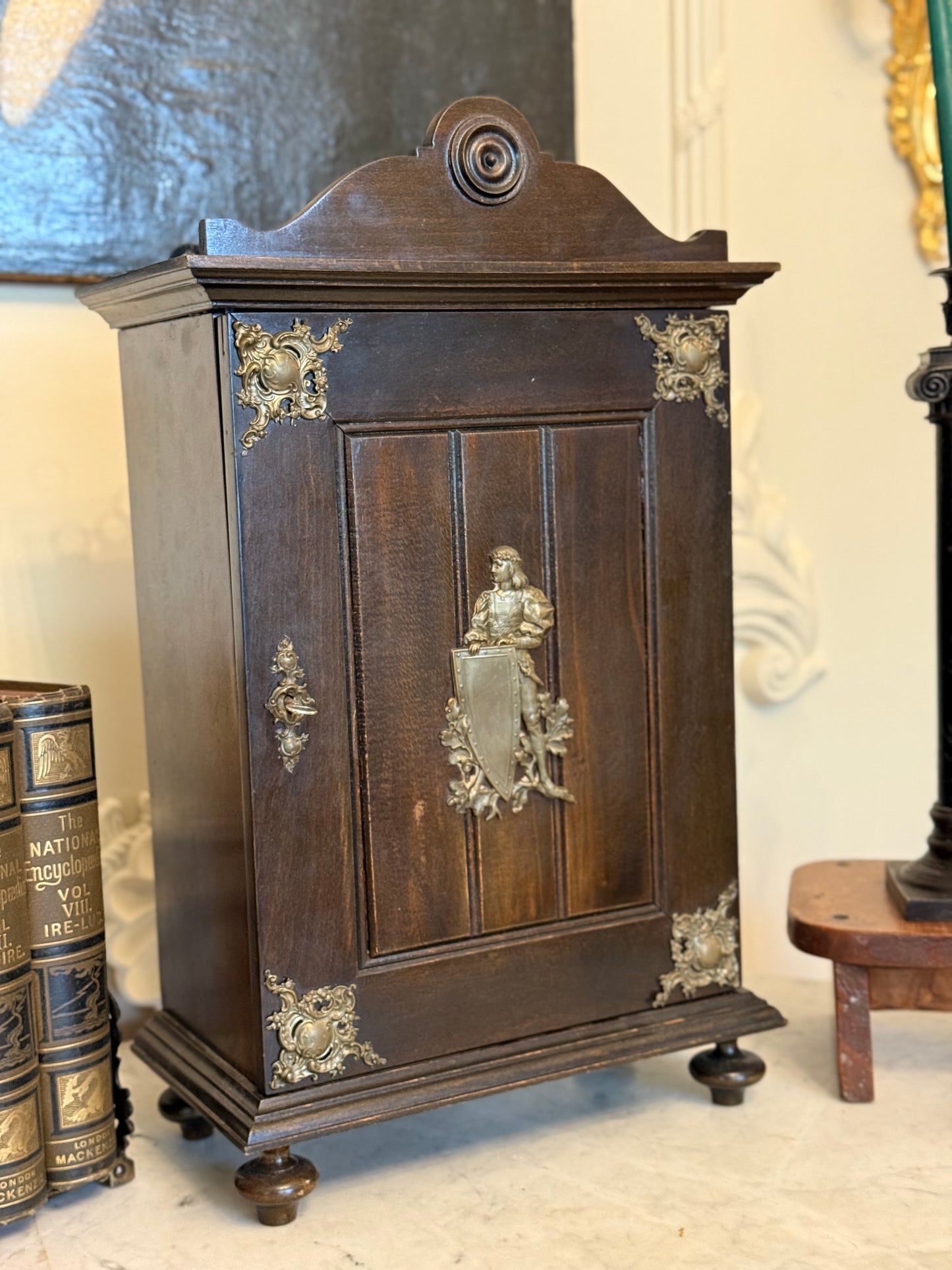Antique Dutch or German Tobacco Cabinet | Knight Motif Wall Cabinet
