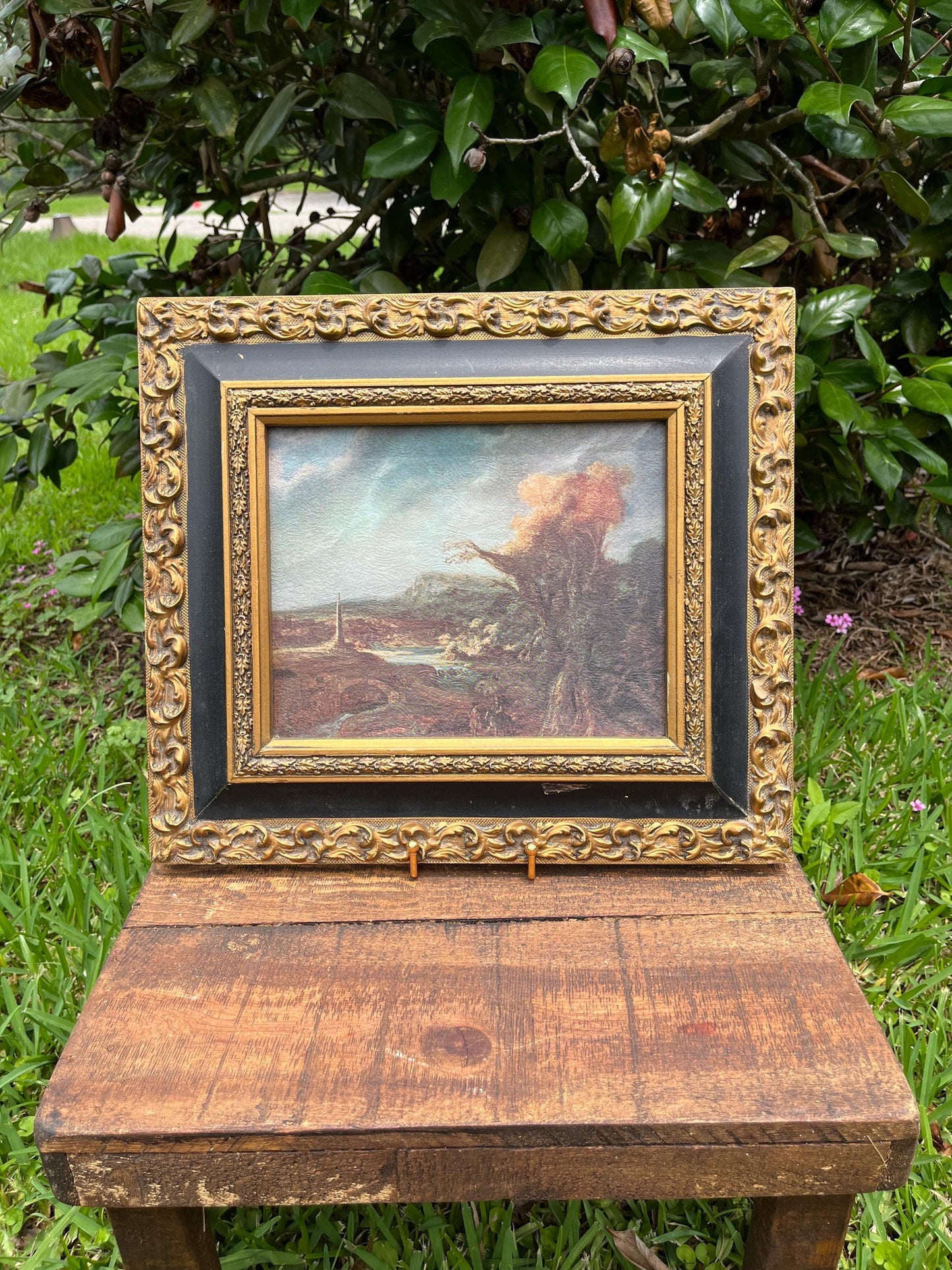 Vintage Framed Landscape Print – Moody Tree Scene in Ornate Black & Gold Frame