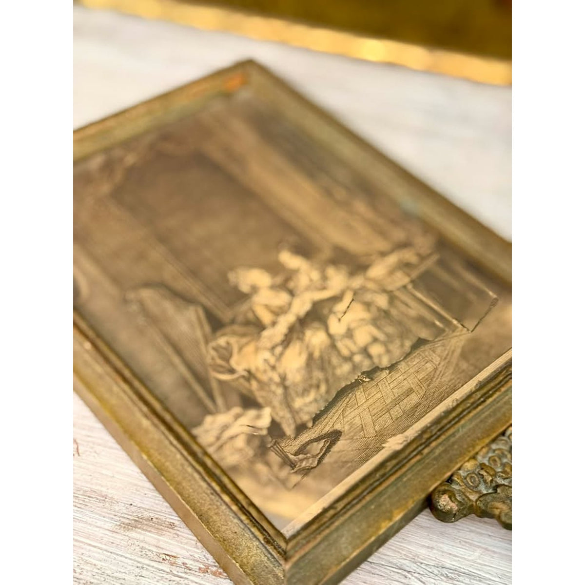 Vintage French Rococo Style Framed Print & Mirror with Ornate Handle