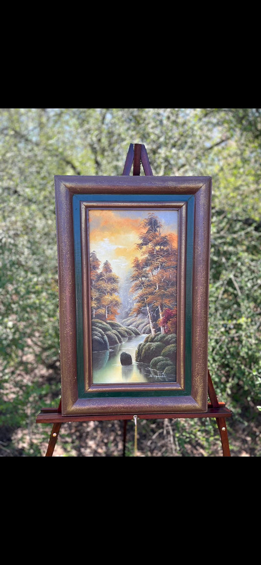 H. Roquidi Original Oil Painting – Tall River Landscape with Trees – Framed Rustic Art