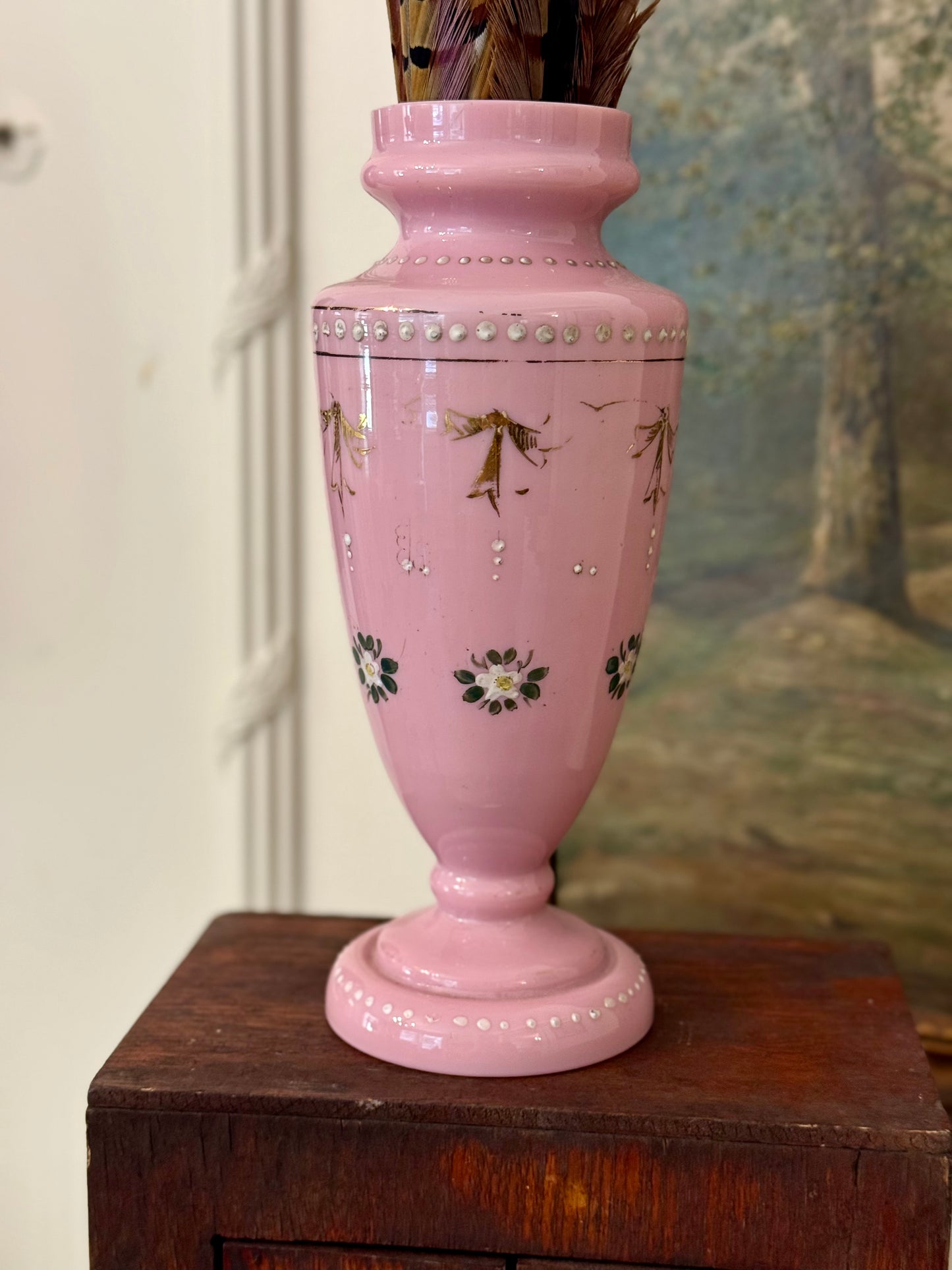 Antique Victorian Pink Hand Enameled Art Glass Vase