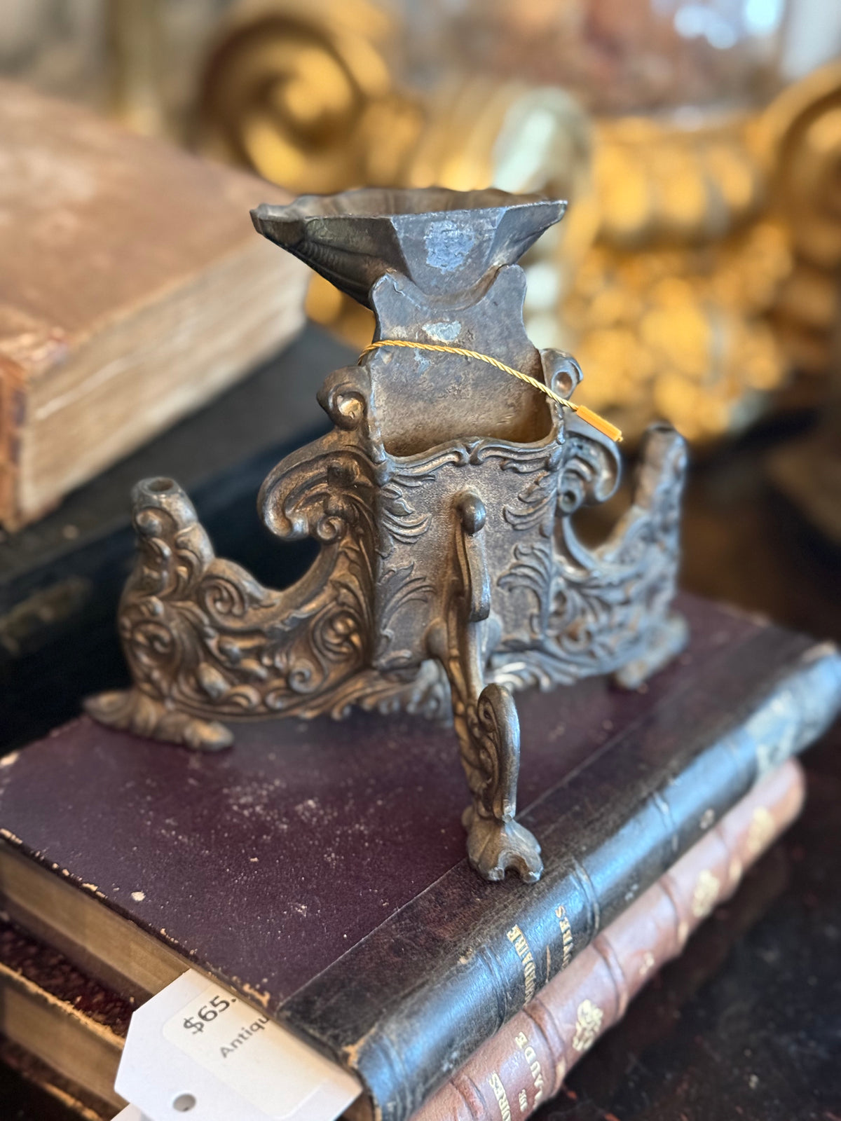 Antique Gothic Revival Cast Metal Holy Water Font