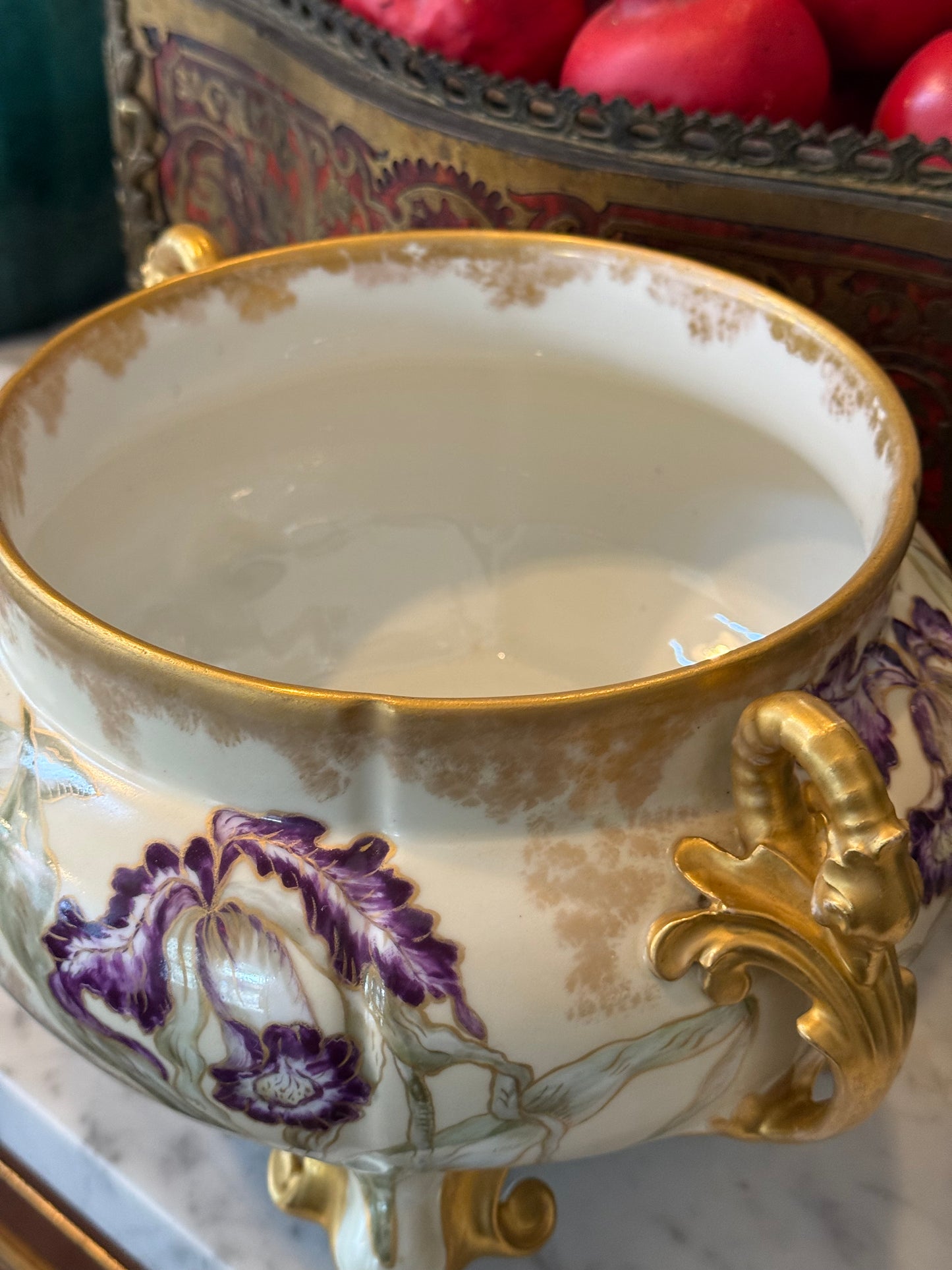 Antique Hand-Painted Limoges Porcelain Jardinière with Purple Irises & Gilt Handles