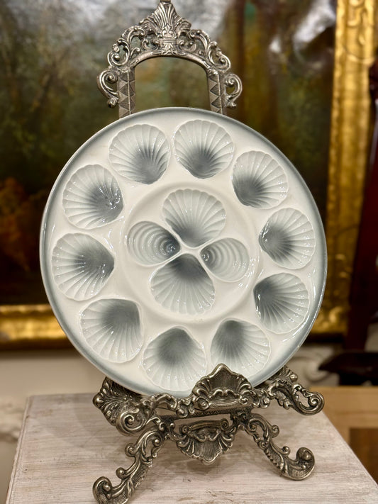 Vintage French Moulin des Loups Large Oyster Platter, Blue Gray and White, 13”