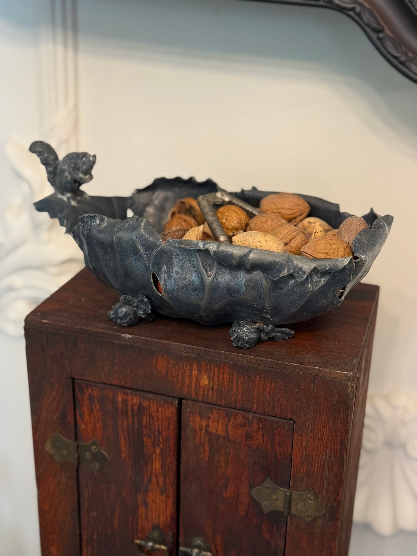 Antique Victorian Silverplate Figural Squirrel Nut Bowl in Leaf Form, Circa 1900