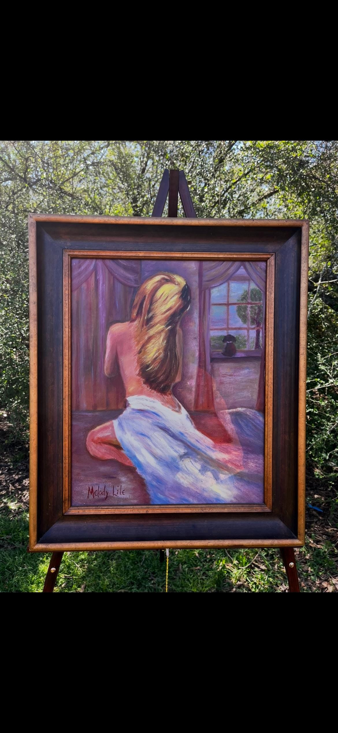 Original Oil Painting – Romantic Nude Woman by Window – Signed by Melody Lile – Framed Figurative Art