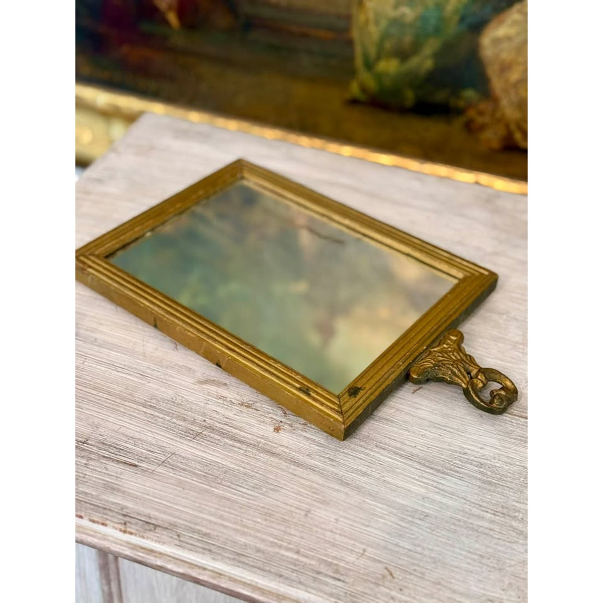Vintage French Rococo Style Framed Print & Mirror with Ornate Handle