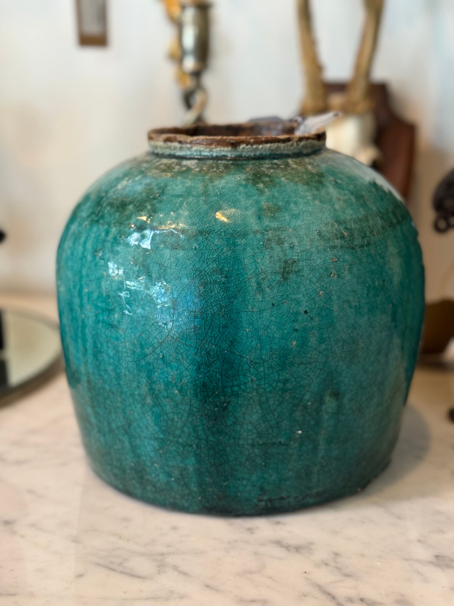 Early 20th Century Chinese Teal Glazed Ceramic Storage Jar