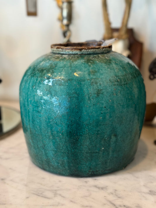 Early 20th Century Chinese Teal Glazed Ceramic Storage Jar