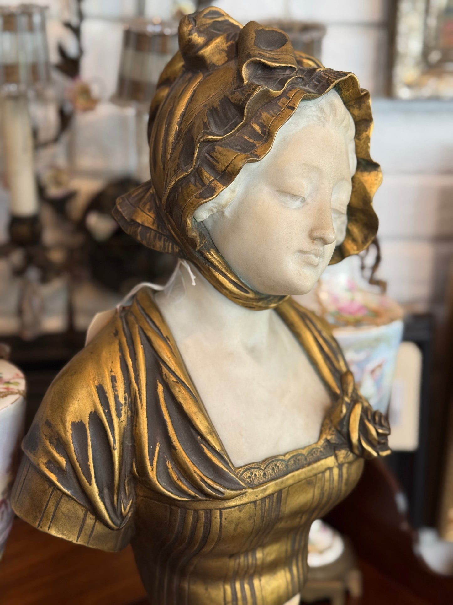 French Marble and Patinated Bronze Maiden Bust, After Jean-Baptiste Greuze