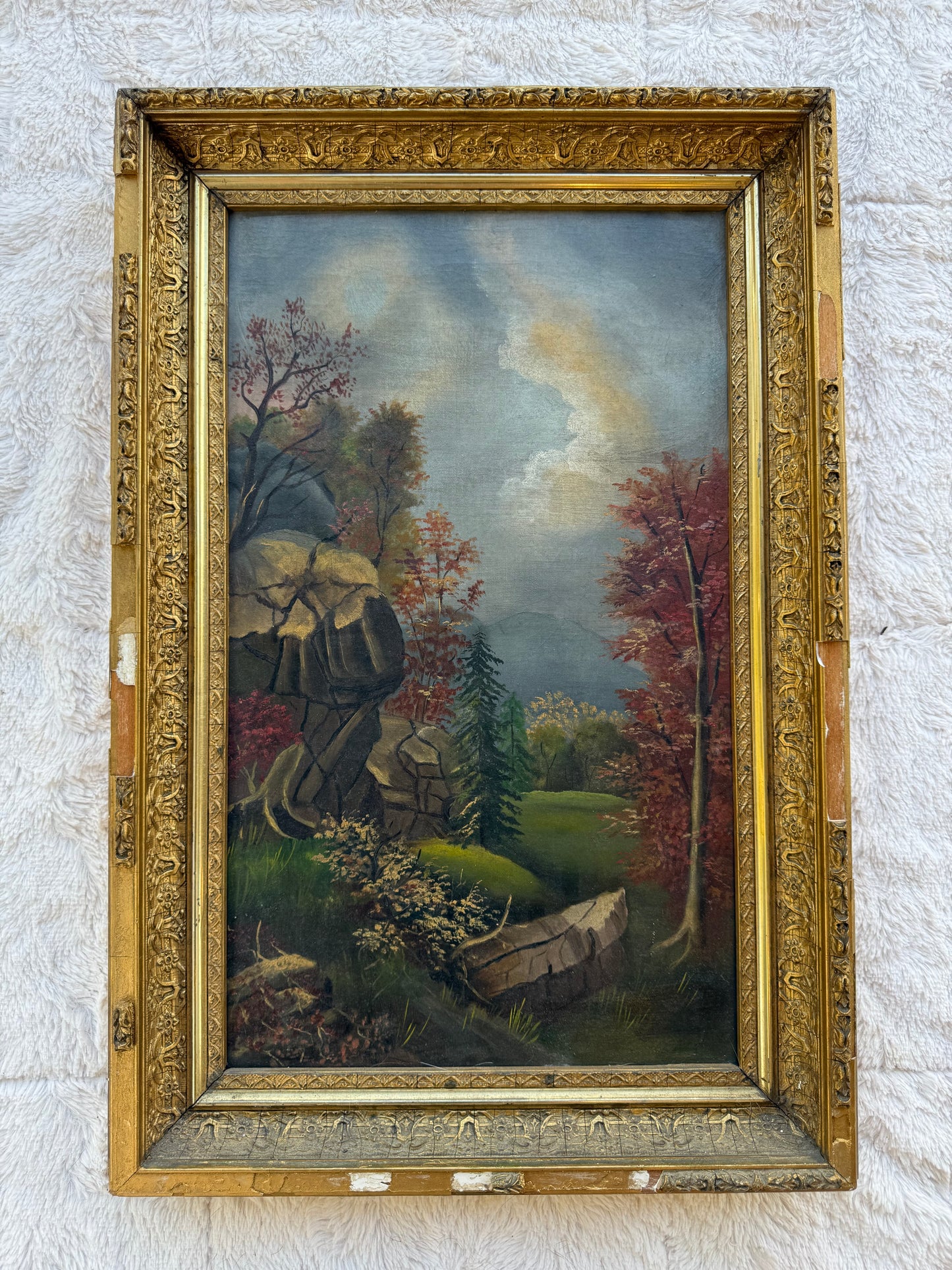 Antique American Autumn Landscape Oil Painting, c.1880–1900, Original Gilt Frame (J.L. Phelps, Rochester NY)