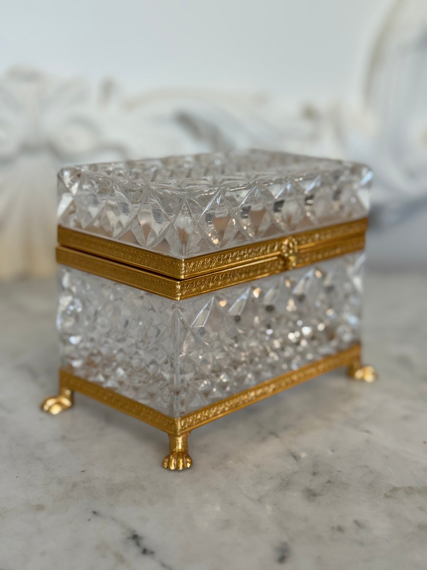 Antique Cut Crystal Jewelry Casket with Gilt Bronze Claw Feet, c. Early 1900s