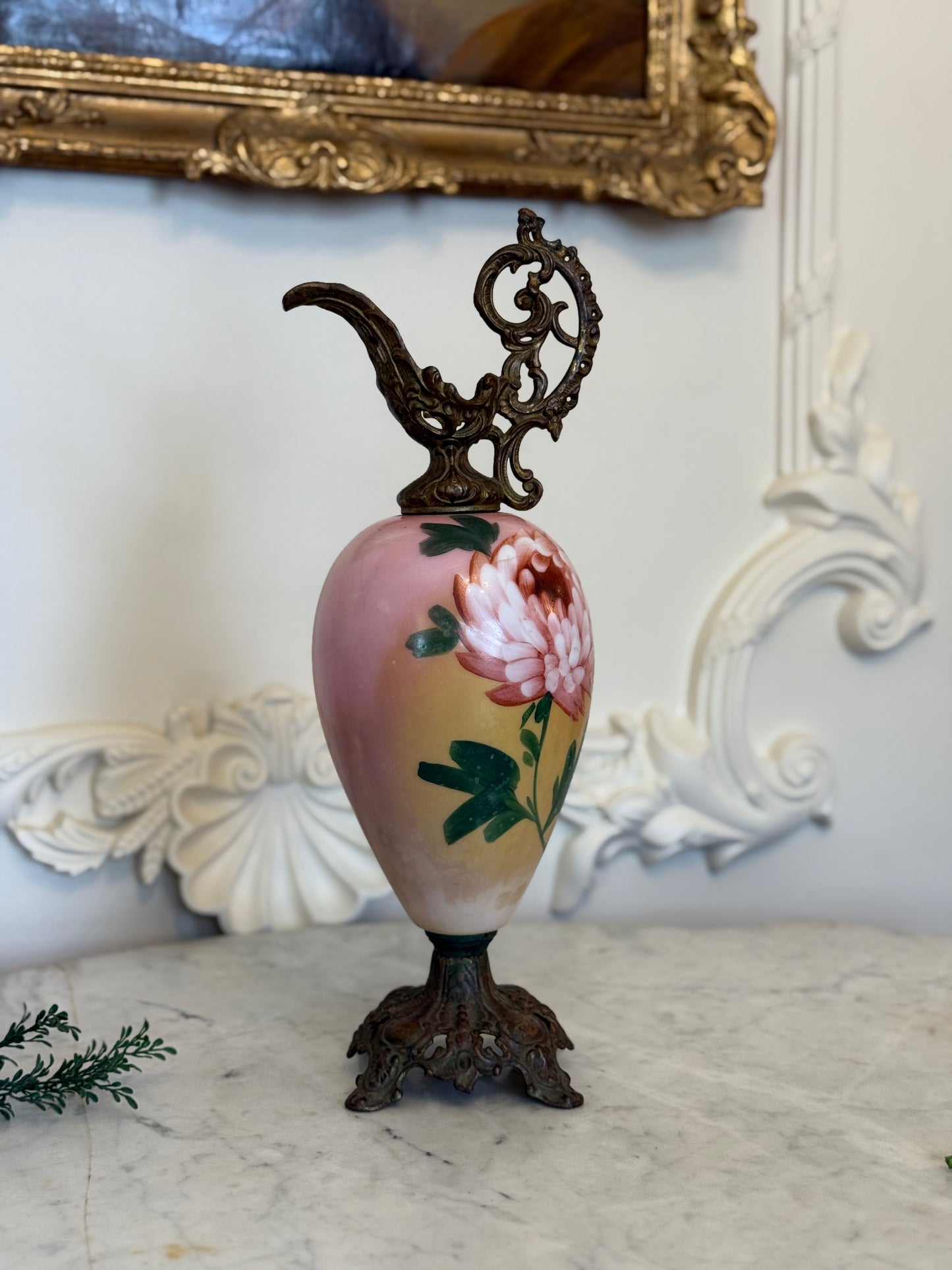 Hand Painted Porcelain Ewer with Cast Brass Mounts