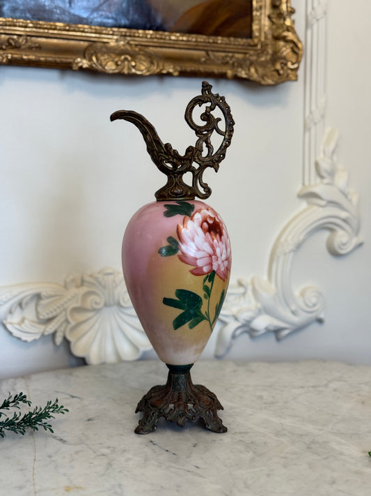 Hand Painted Porcelain Ewer with Cast Brass Mounts