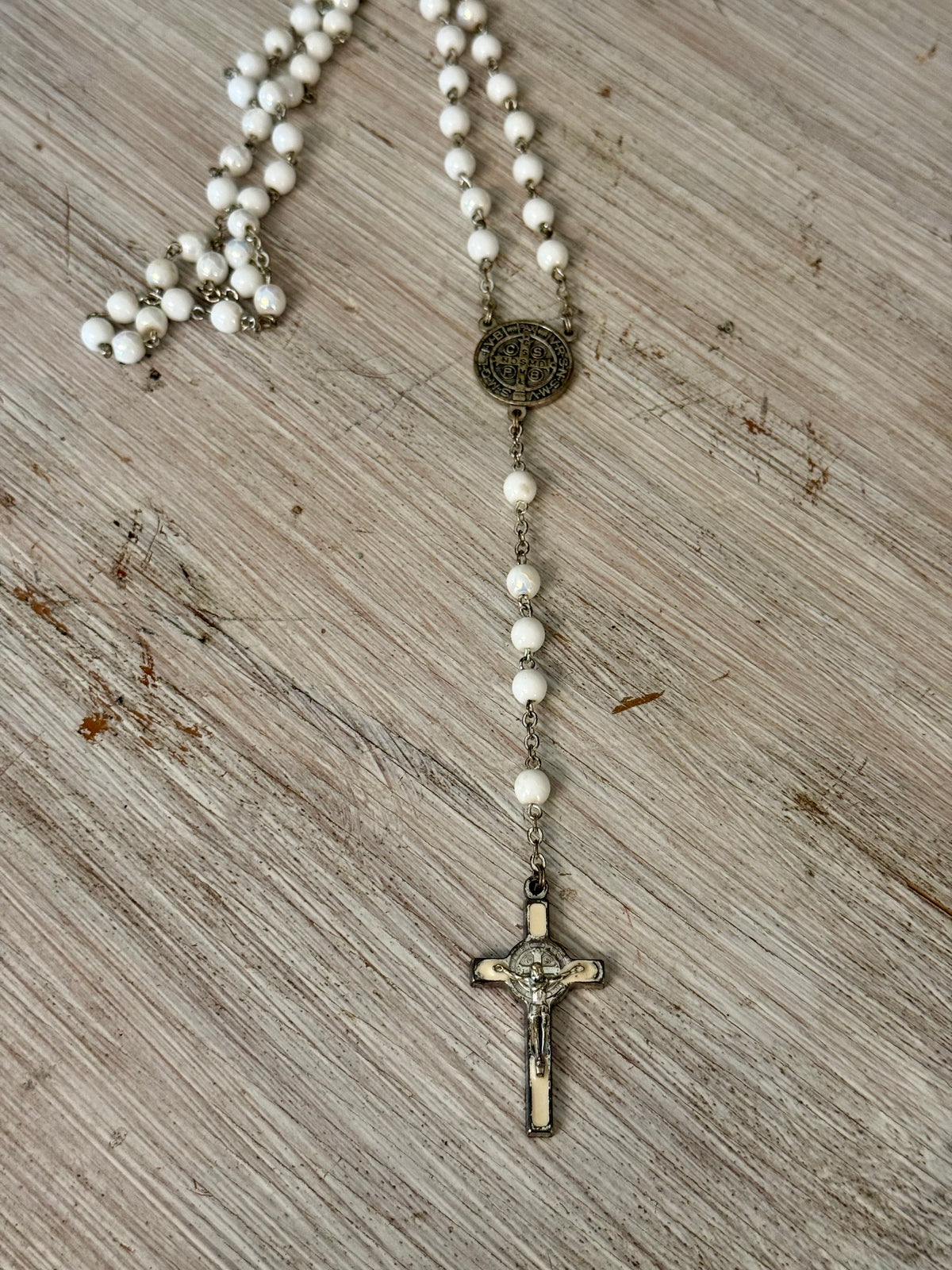 Vintage White Opalescent Beaded St. Benedict Catholic Rosary