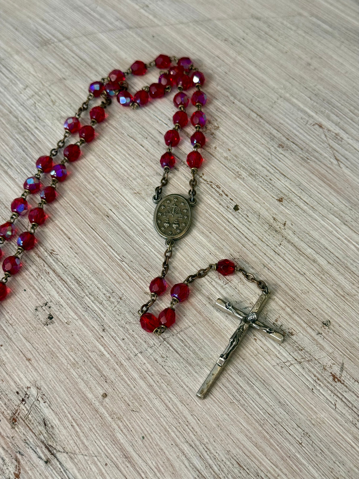 Vintage Iridescent Ruby Red Glass Catholic Rosary with Miraculous Medal