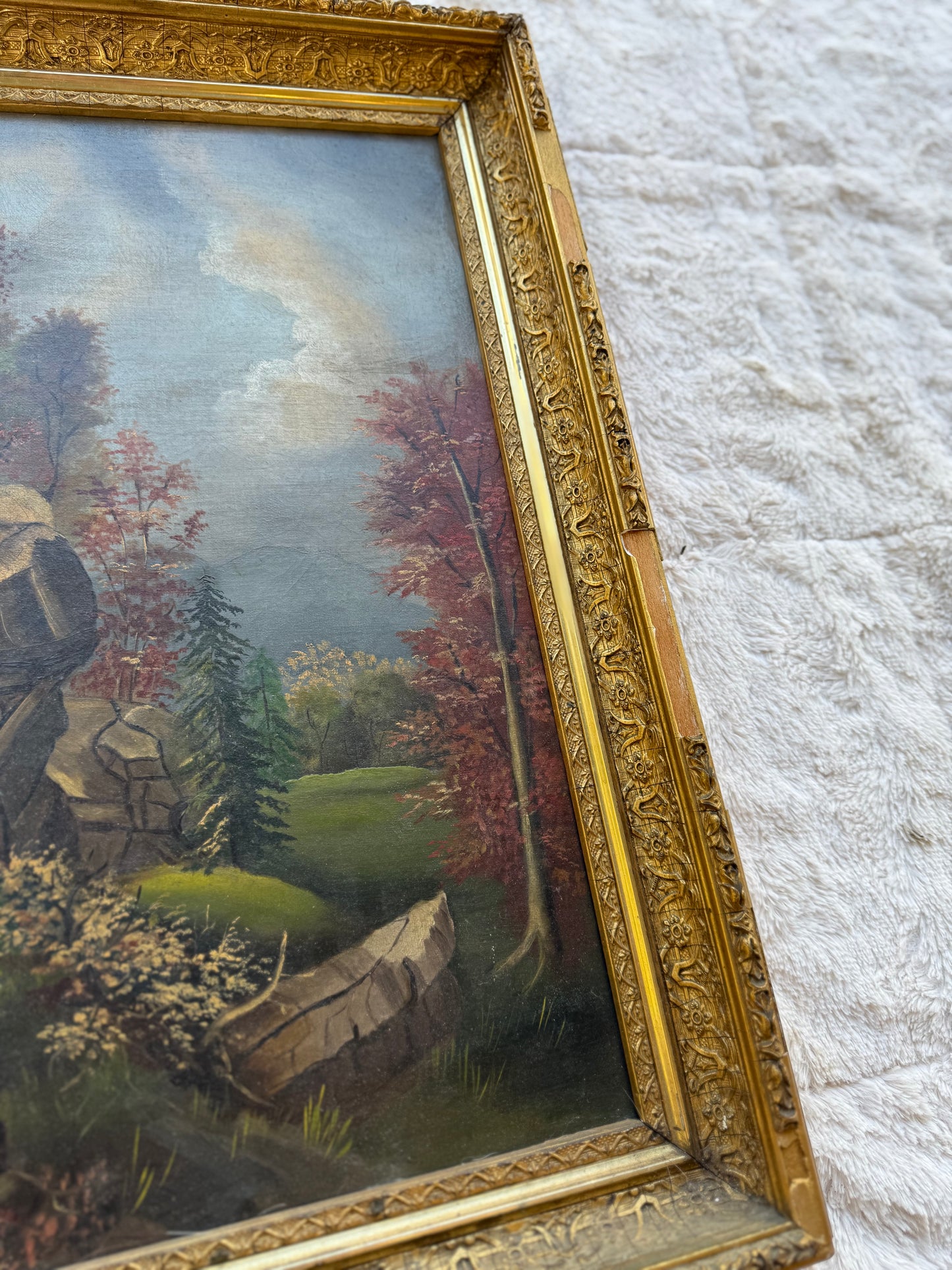 Antique American Autumn Landscape Oil Painting, c.1880–1900, Original Gilt Frame (J.L. Phelps, Rochester NY)