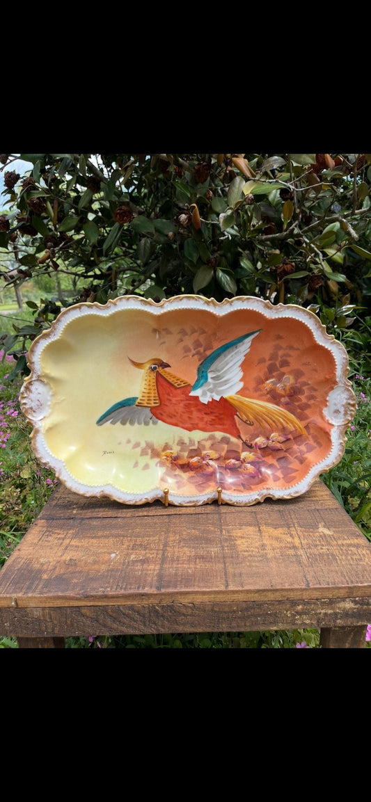 Large Antique Coronet Limoges Game Bird Platter – Hand-Painted by Puvis – Vintage Signed French Porcelain – Decorative Plate