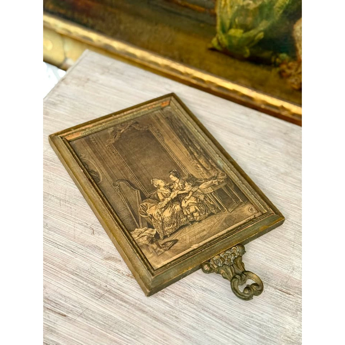 Vintage French Rococo Style Framed Print & Mirror with Ornate Handle