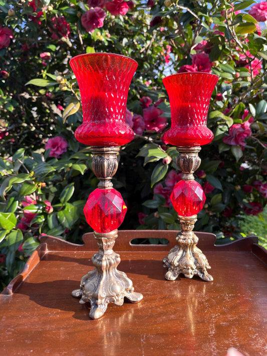 Vintage Brass Candlesticks with Italian Glass Shades, Ruby Red Lucite, Candle Holders, Home Decor, Table Centerpieces