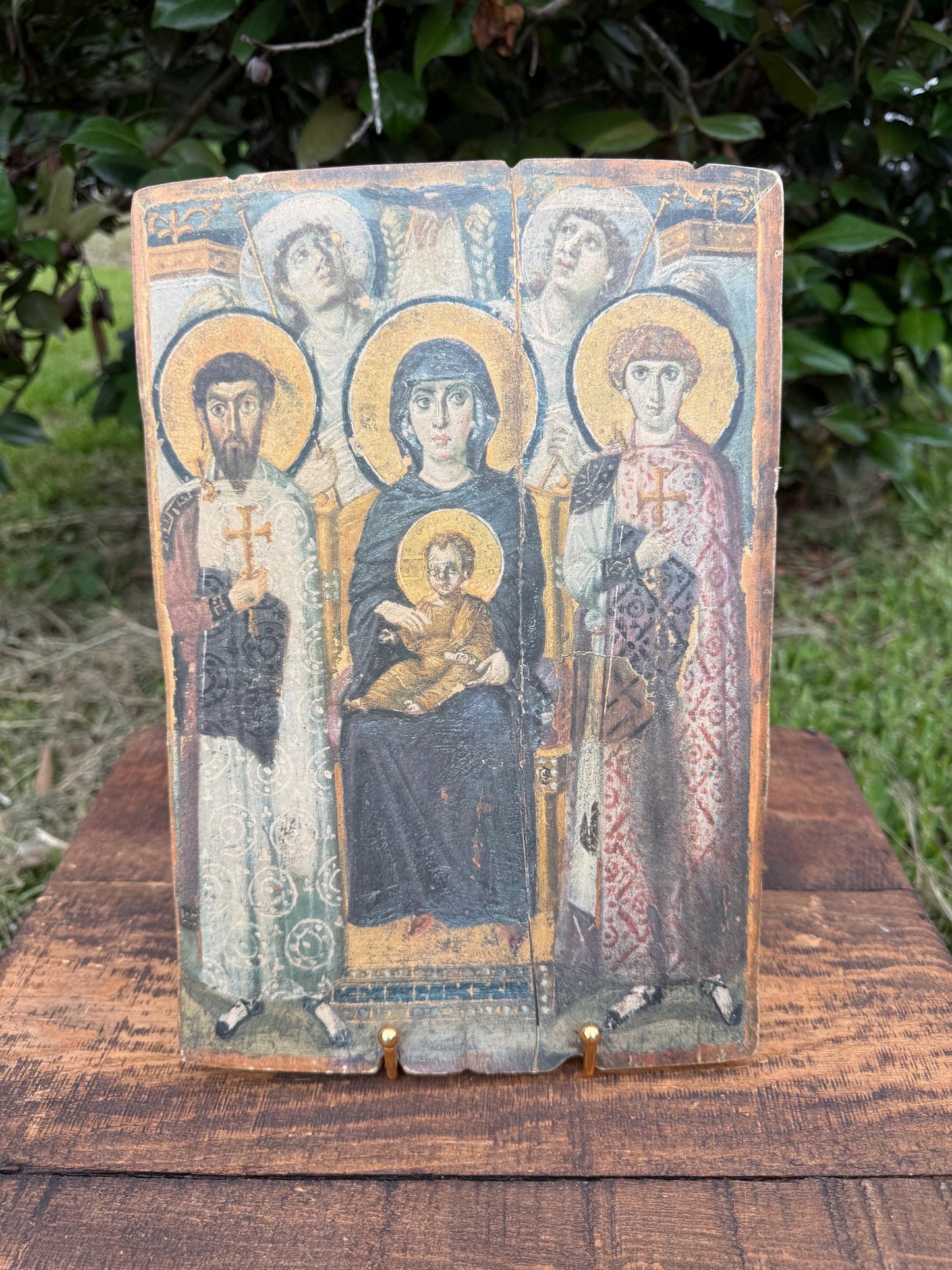 Greek Orthodox Icon – Virgin and Child with Saints & Angels, 6th Century Sinai Replica, 10x13 Mounted Print