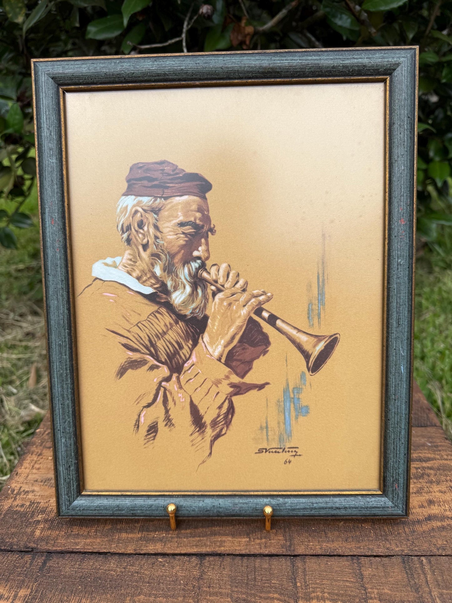 Framed Greek Flute Player Print – Parnassos Folk Musician Art by Vassiliou 1964, 10.5x13.5