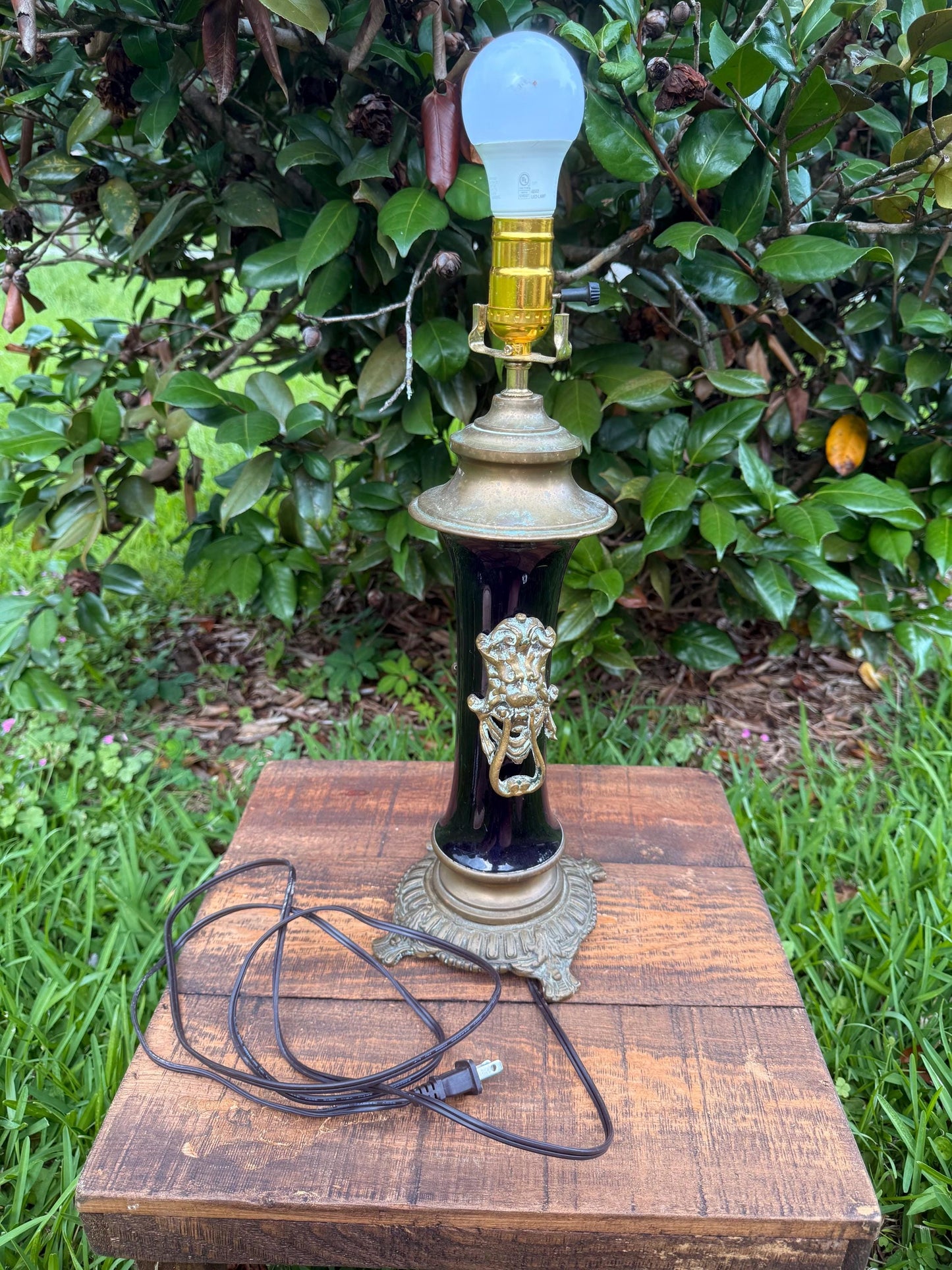 Antique Cobalt Blue Vase Lamp with Brass Lion Mounts – Converted Urn Table Lamp in Hollywood Regency or Eclectic Maximalist Style
