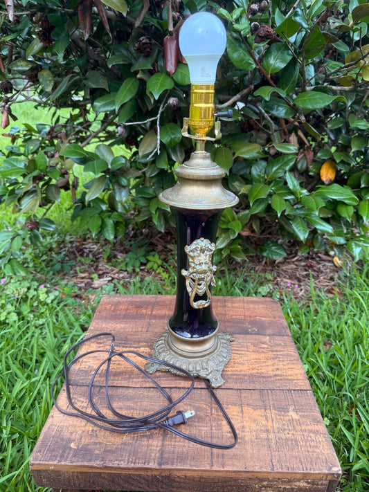 Antique Cobalt Blue Vase Lamp with Brass Lion Mounts – Converted Urn Table Lamp in Hollywood Regency or Eclectic Maximalist Style