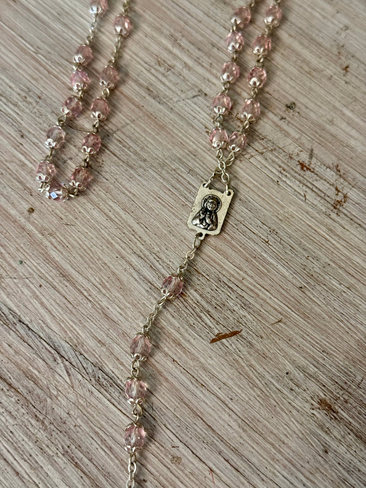 Vintage Pale Pink Faceted Glass Catholic Rosary with Marian Medal