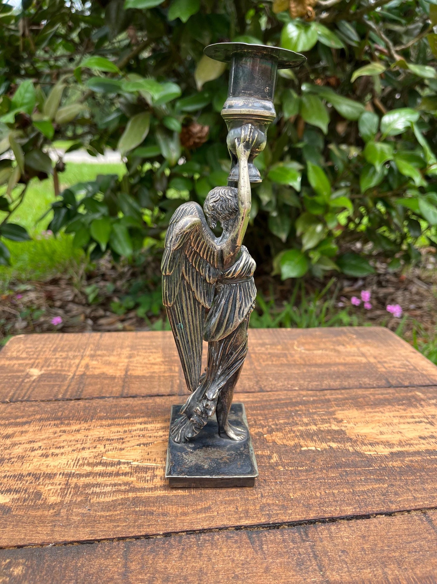 Neoclassical Winged Woman Candlestick – Heavy Cast Metal Taper Holder