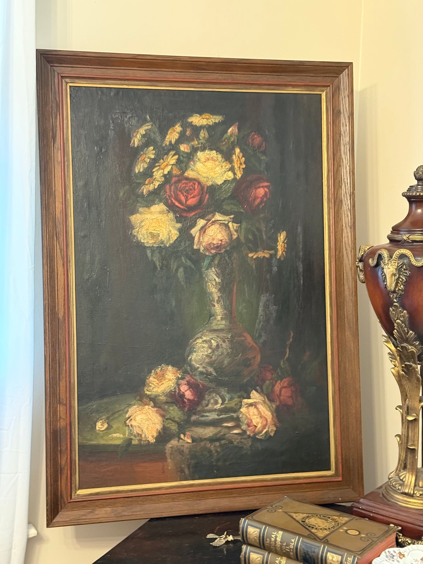 Antique Belgian Floral Still Life Oil Painting | Roses and Daisies in Vase | Framed Oil on Canvas Mounted to Board