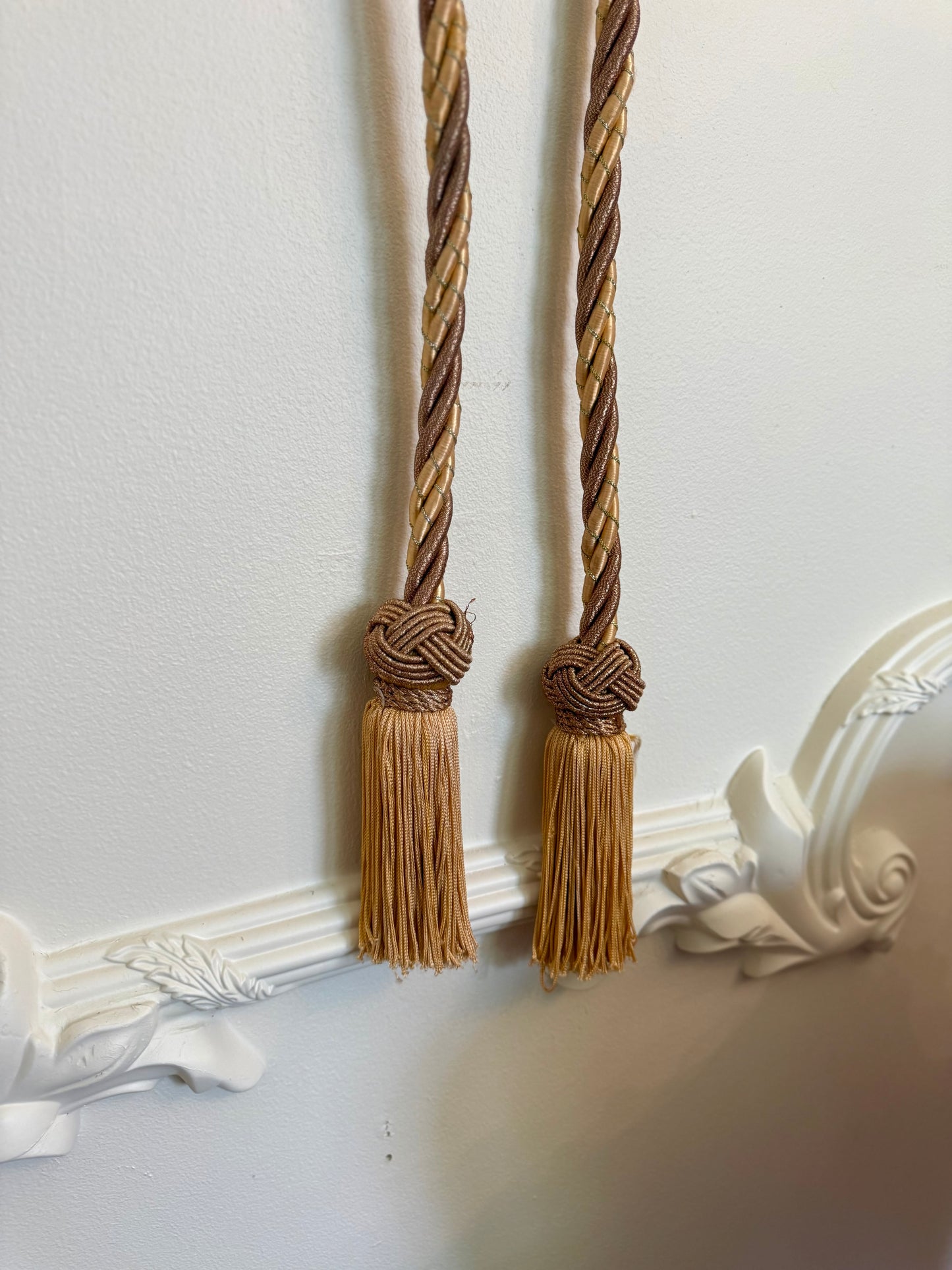 Extra Long Decorative Curtain Rope Tieback | 76 Inch Gold & Taupe Tassel Tie